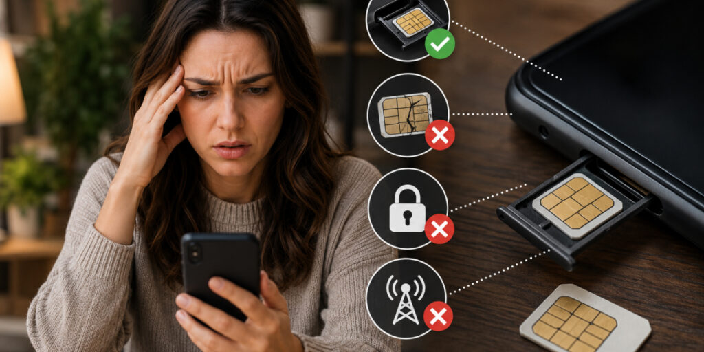 woman on phone with SIM cards
