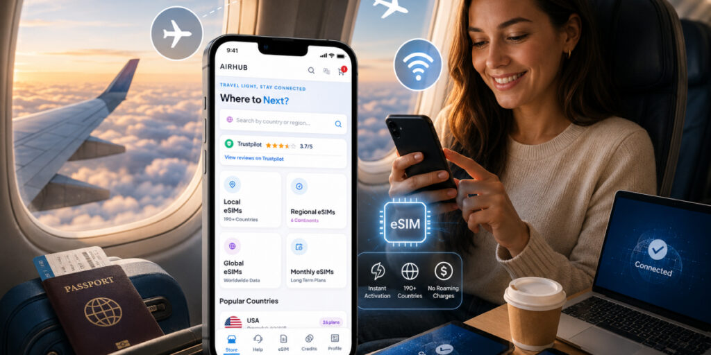 woman using Airhub eSIM 