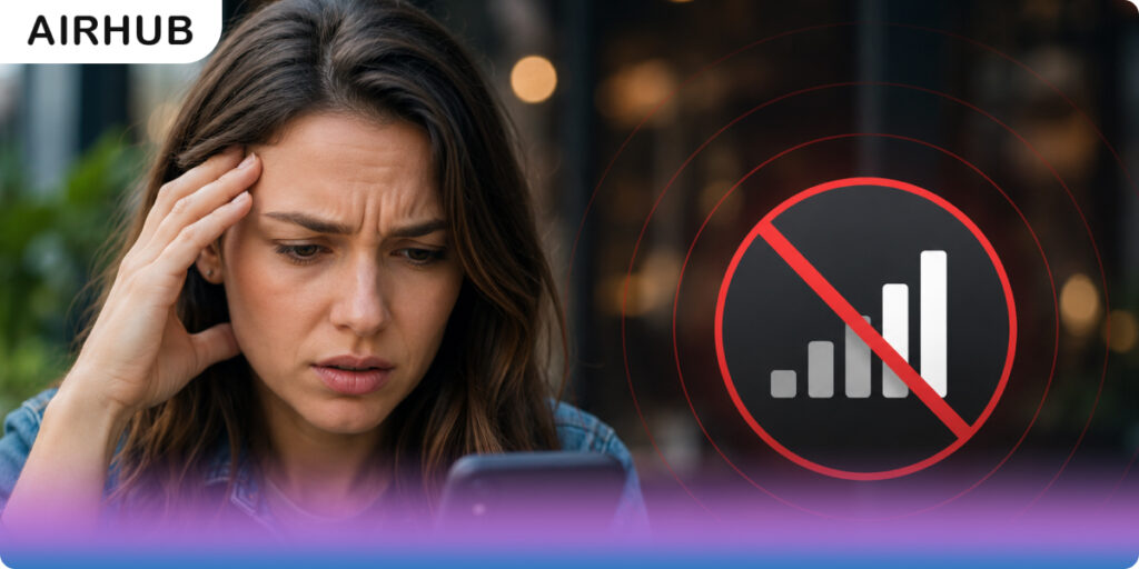 woman on phone with no network
