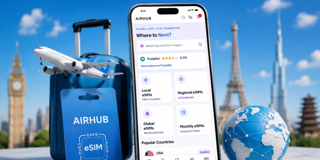 luggage and iphone with airhub esim website