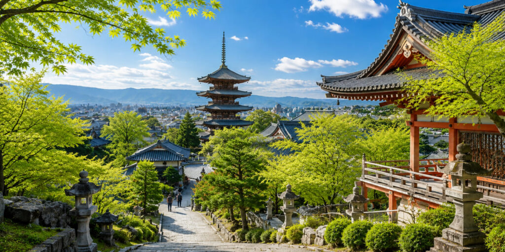 Kyoto autumn temples with colorful fall foliage