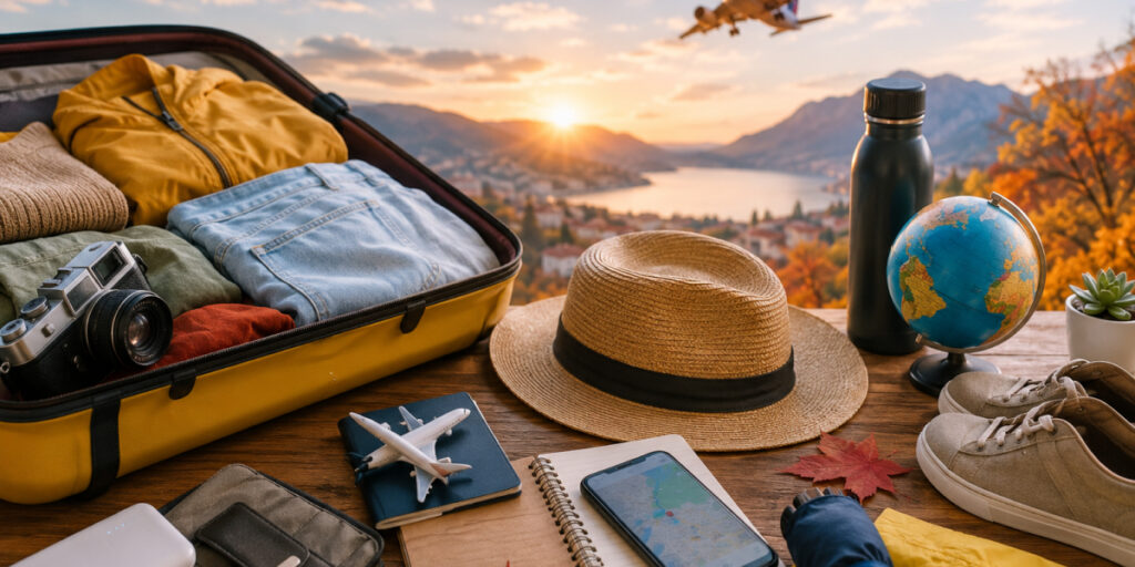 September travel essentials packed in a suitcase