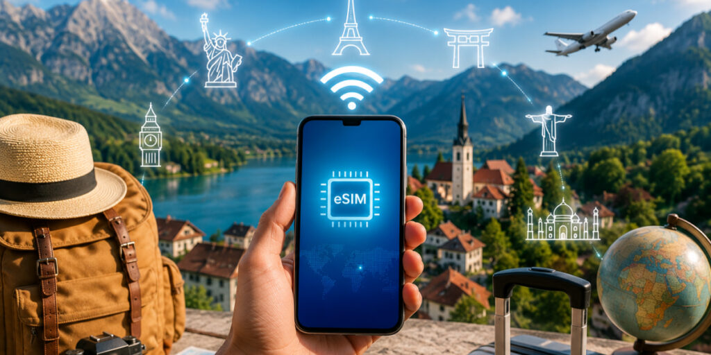 Traveler using eSIM for global connectivityF