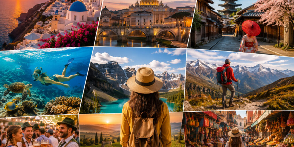 September destinations collage with beaches, mountains, cities, hiking