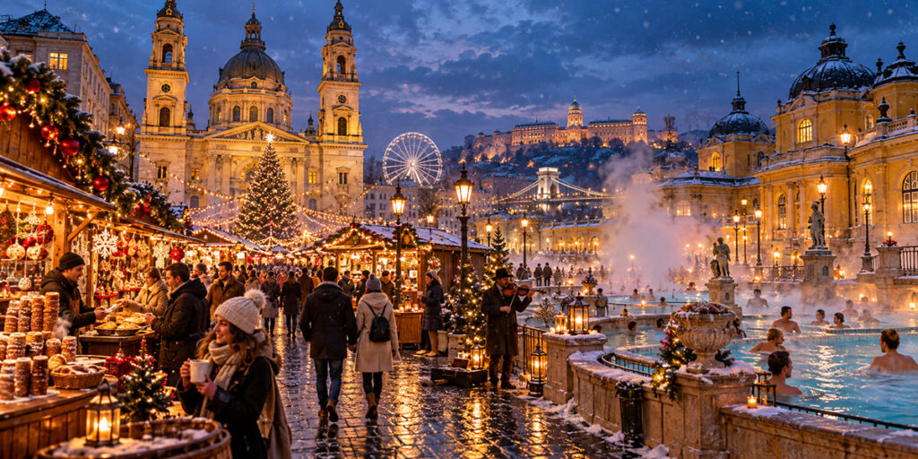 Budapest Christmas market and thermal spa in winter.