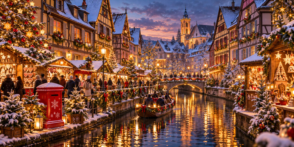 Colmar Christmas market with snowy canals and festive lights.