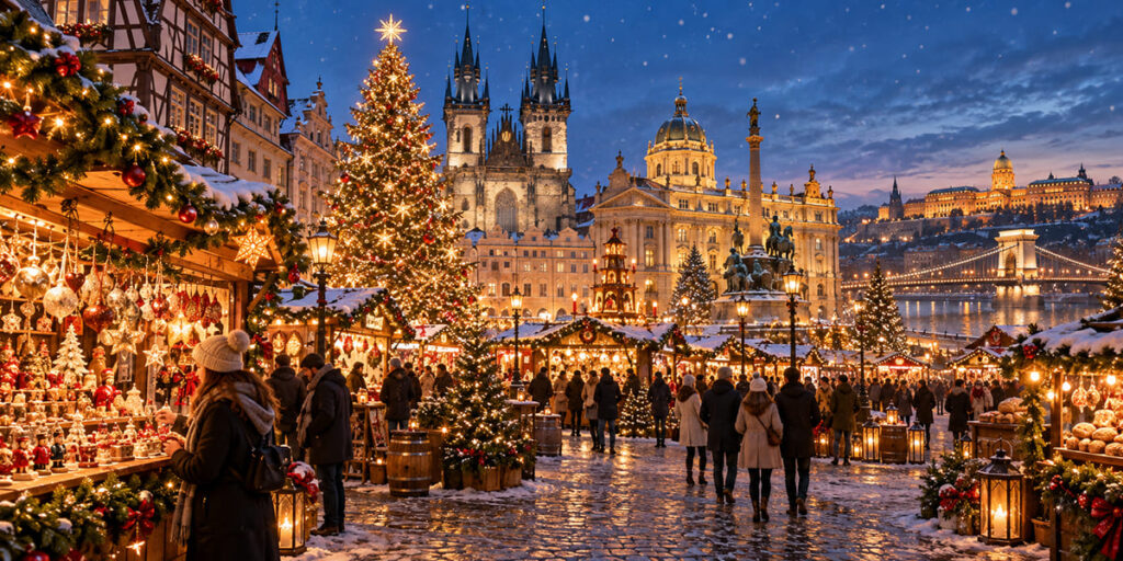 Prague Christmas market with festive lights and snowy streets.