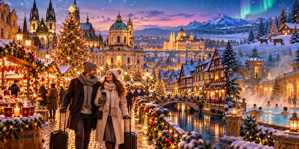 Couple enjoying a festive European Christmas market.