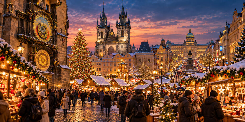 Prague Christmas market at sunset.