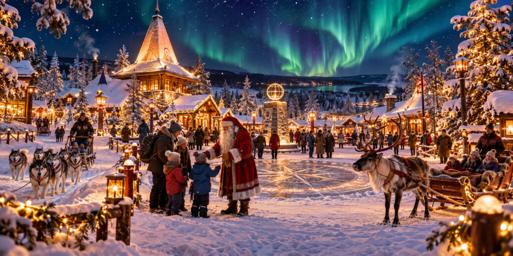 Rovaniemi Christmas village under the Northern Lights.
