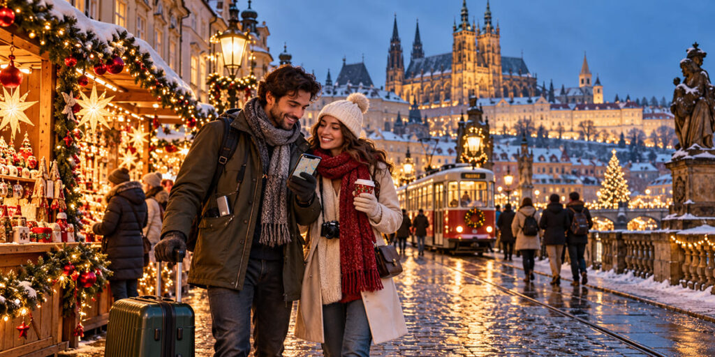 Couple using a smartphone at Prague Christmas market.