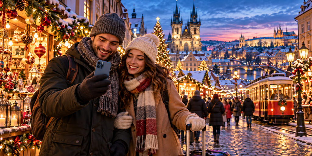 Couple taking a selfie at Prague Christmas market.