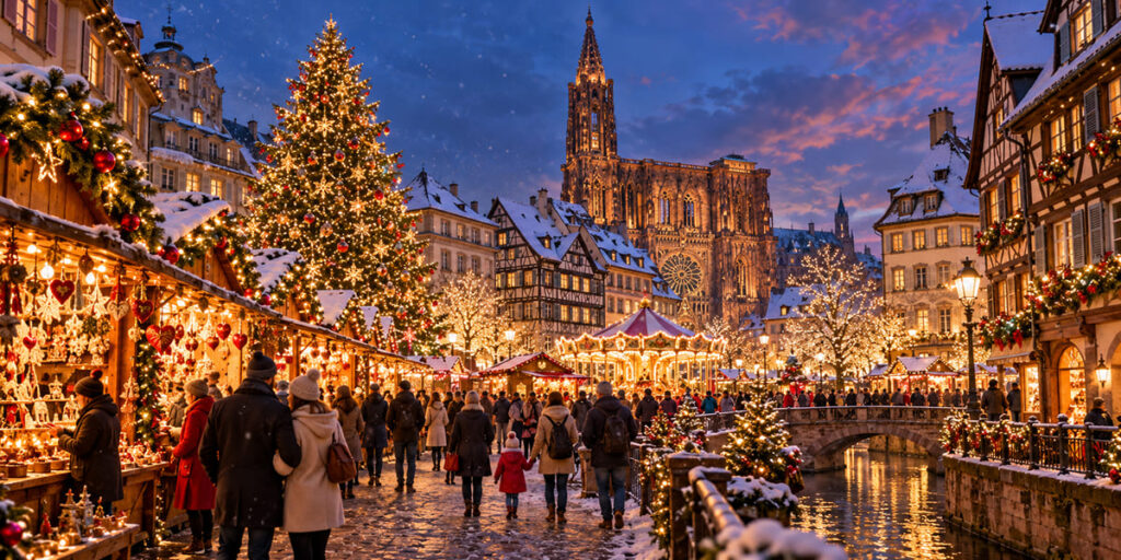 Strasbourg Christmas market with festive lights and cathedral.