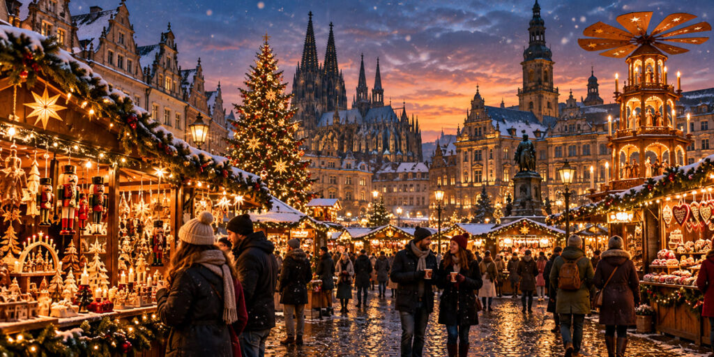 German Christmas market with festive lights and snowy streets.