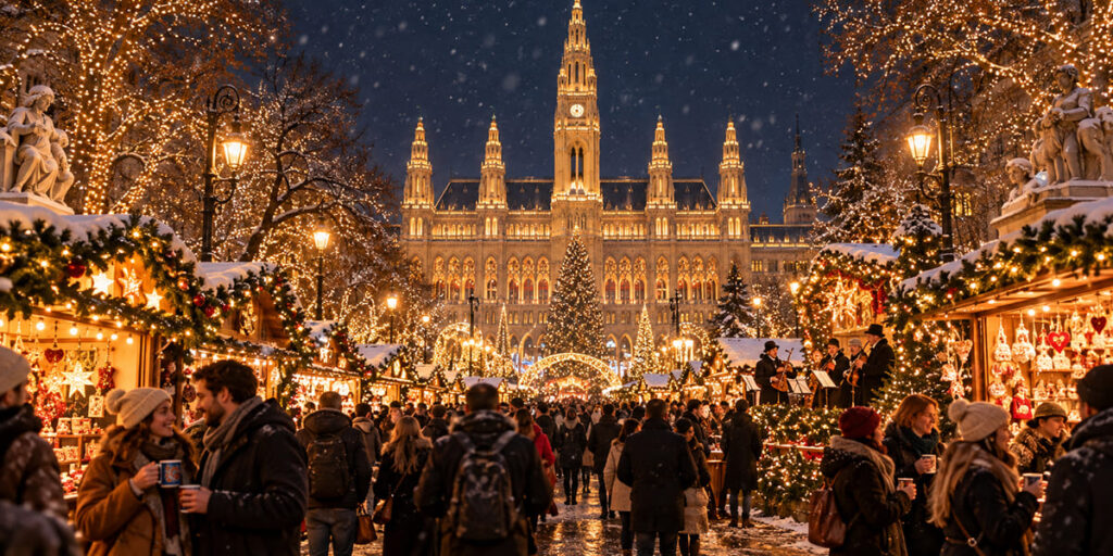 Vienna Christmas market with festive lights and snow.