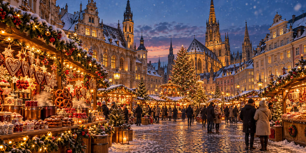 European Christmas market with festive lights and snowy streets.
