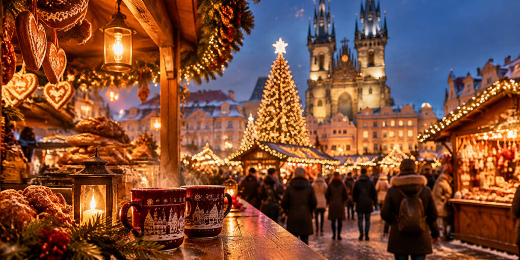 Prague Christmas market with festive lights and holiday treats.