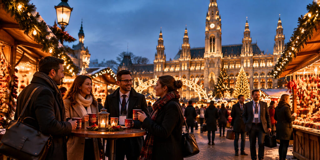 Business travellers enjoying a festive Christmas market in Vienna.