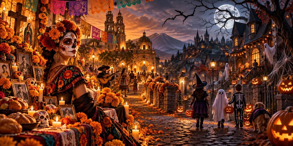 Day of the Dead and Halloween origins and traditions.