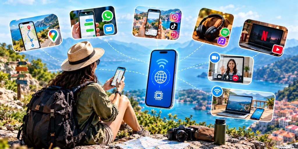 Travel data usage for maps, social media, music, and video streaming