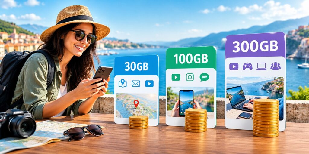 300GB data bundle comparison with smaller eSIM plans and pricing for travelers