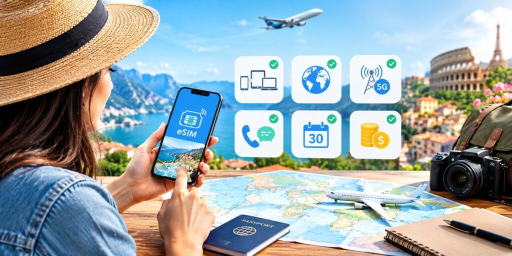 300GB eSIM checklist covering compatibility, coverage, speed, validity, and pricing