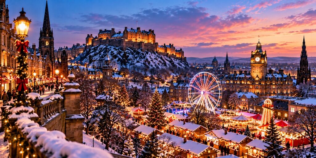 Edinburgh Old Town and Castle decorated with festive winter lights