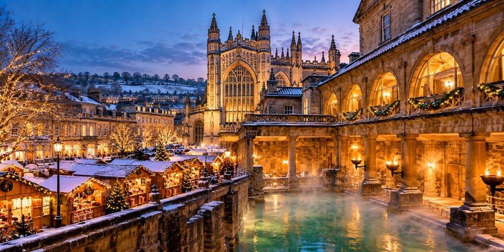 Bath Christmas Market and historic Bath Abbey in winter