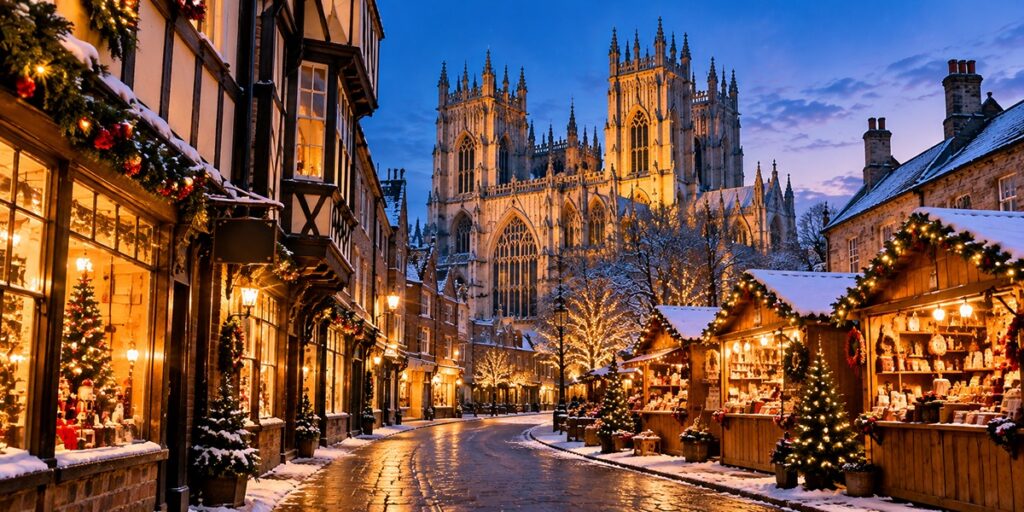 York's medieval Shambles and York Minster in winter