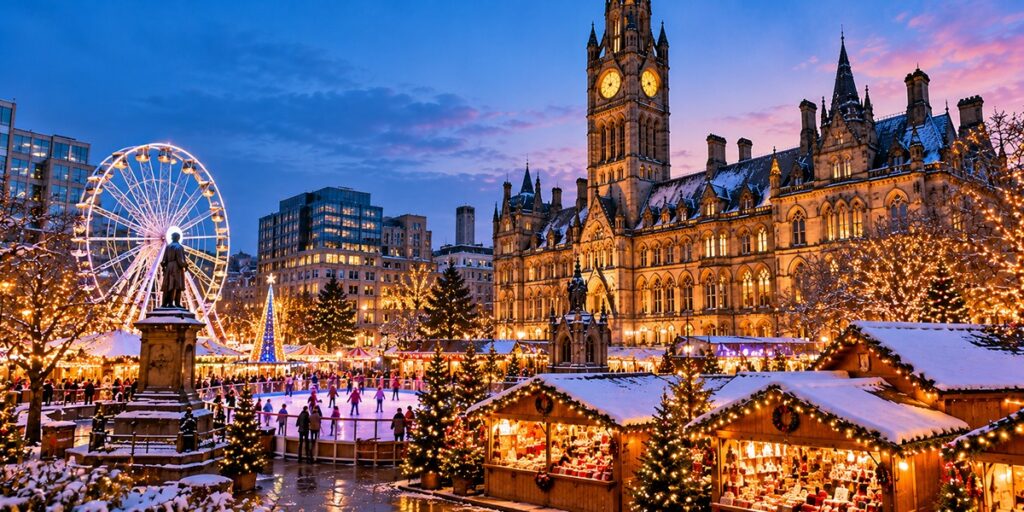 Manchester Christmas markets and festive city decorations in winter