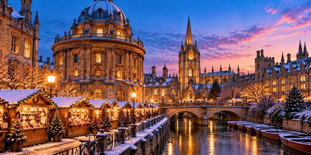 Oxford's historic colleges and snowy winter streets