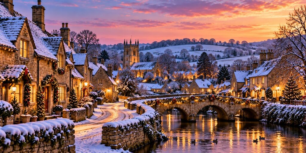 Cotswolds honey-coloured cottages under winter frost