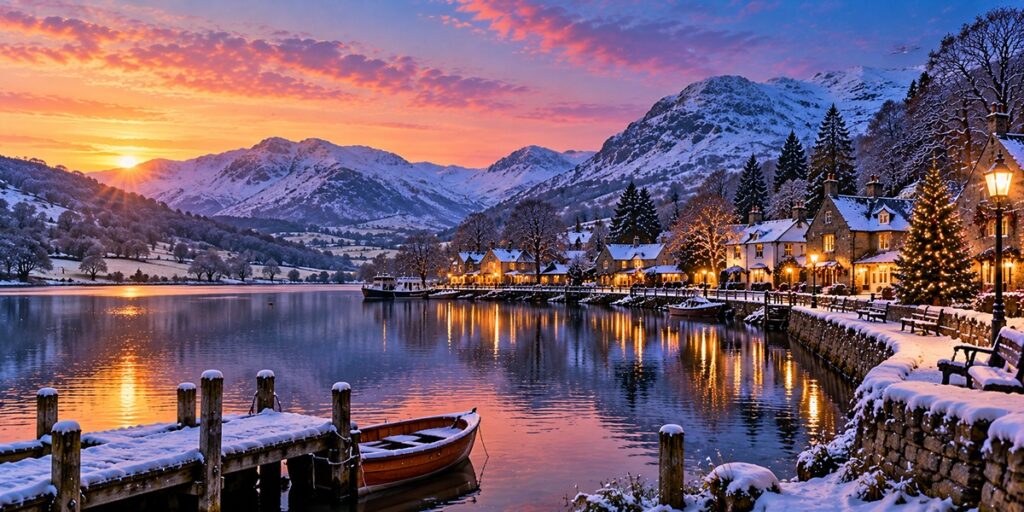 Lake District snow-capped fells and peaceful winter lakes