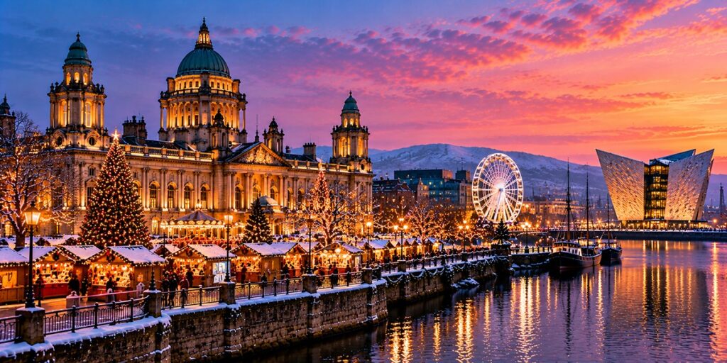 Belfast City Hall illuminated with festive Christmas lights